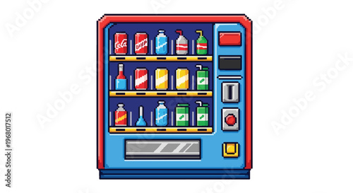 A colorful pixel art illustration of a retro-style vending machine stocked with various canned and bottled beverages on its shelves.