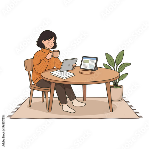 Woman sitting at a table working on her laptop and holding a mug with a plant nearby indoors.