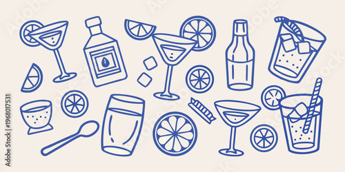 Collection of blue line art illustrations depicting various alcoholic beverages