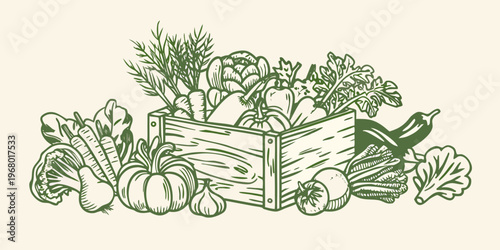 A wooden crate overflowing with a variety of fresh garden vegetables