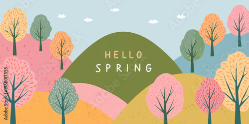 Colorful illustrated landscape welcomes the arrival of springtime with trees
