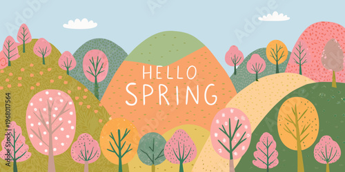 A colorful illustrated landscape welcomes the arrival of springtime