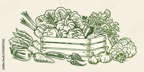 A wooden crate overflowing with a variety of fresh green vegetables