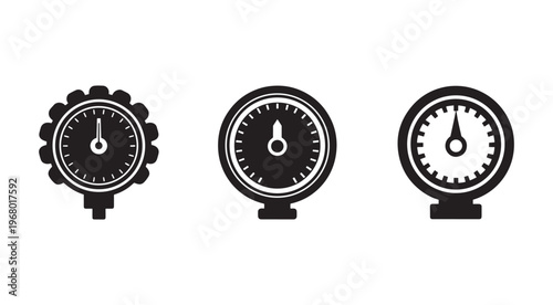 Three black and white gauge icons for measuring pressure or temperature on white background  industrial style thermometers and meters for industrial or technical use