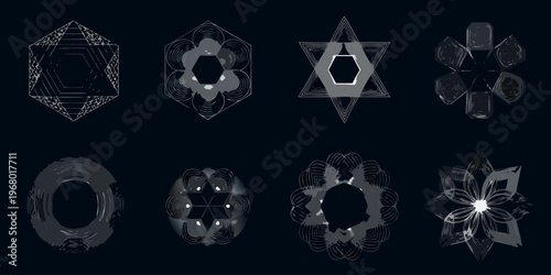 Geometric shapes and crystalline structures in a minimalist black background