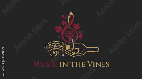 An exquisite logo representing 'Music in the Vines', featuring wine notes and musical elements, symbolizing elegance and celebration of music and wine in an artistic design.
