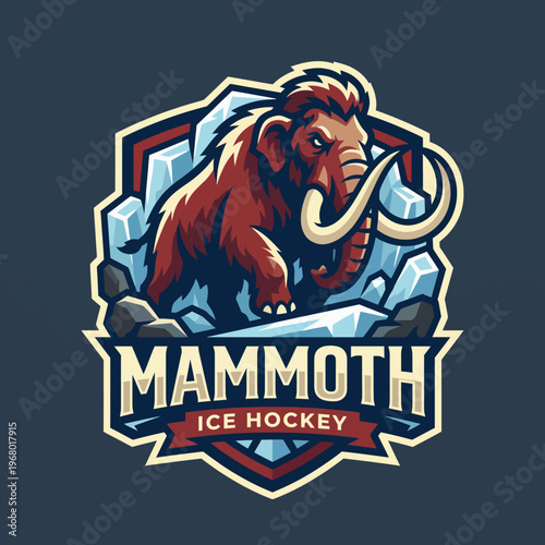 A dynamic logo depicting a fierce mammoth, symbolizing strength and resilience, with a backdrop of ice and a sporty aesthetic for the Mammoth Ice Hockey team.