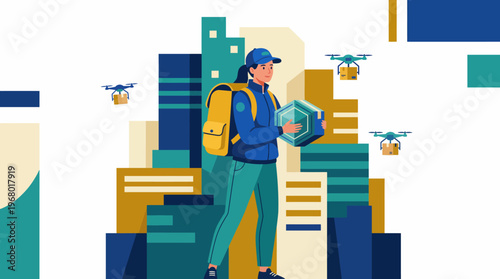 An innovative representation of a delivery girl amidst a modern cityscape with drones, highlighting the evolution of delivery services in an urban environment and technology integration.