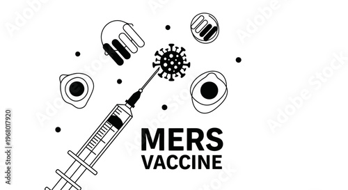 MERS vaccine illustration with syringe and virus cells.