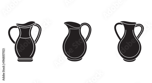 Three black and white illustrations of jugs with handles in different shapes and sizes  simple line art style  no background