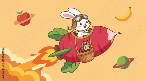 An adorable bunny pilot joyfully navigates a rocket made from a beet, accompanied by a ladybug, showcasing creativity and fun in a whimsical, cartoonish art style.