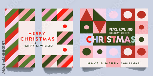 Festive christmas cards with geometric patterns and holiday greetings