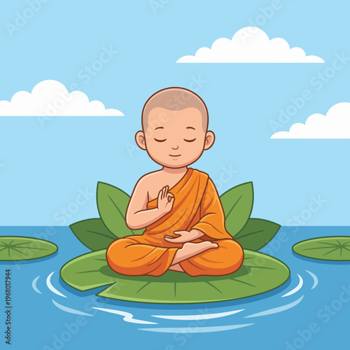 A serene illustration of a young monk meditating on a lotus leaf, surrounded by tranquil waters, symbolizing peace, mindfulness, and spiritual well-being.