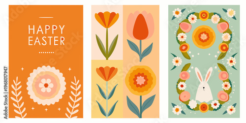 Happy easter floral illustrations a triptych of springtime greetings