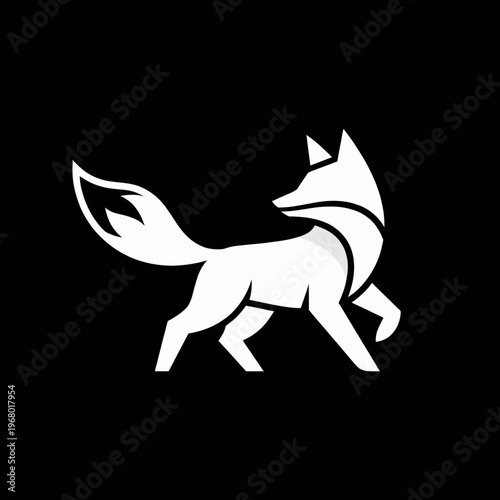 A striking minimalist design features a white silhouette of a fox, elegantly walking against a black background, representing sleekness and sophistication.