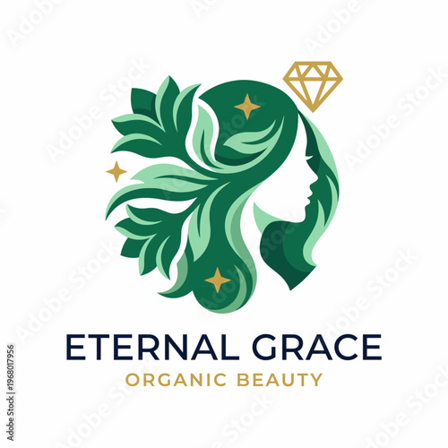 A sophisticated logo design featuring a woman's profile and lush foliage, representing organic beauty, elegance, and nature, ideal for eco-friendly beauty brands.