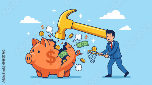 This humorous illustration depicts a businessman smashing a piggy bank with a hammer while trying to collect cash, representing the quest for wealth and resources.