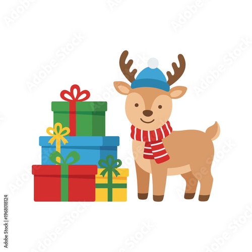 This charming reindeer, wearing a scarf and a hat, is depicted next to colorful presents, capturing the festive spirit of the holiday season and spreading joy and cheer.