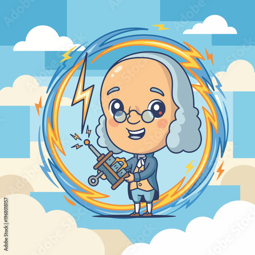 A whimsical cartoon-style illustration portraying Benjamin Franklin with an electric device, capturing his role in science and enthusiasm for experimentation and discovery.