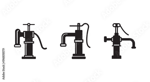Three black and white illustrations of old fashioned hand pump water wells in different designs and angles for plumbing and irrigation systems  hand operated water pumps
