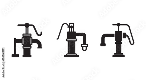 Three black and white illustrations of old fashioned manual water pumps with handles and spouts in different designs and styles  industrial equipment