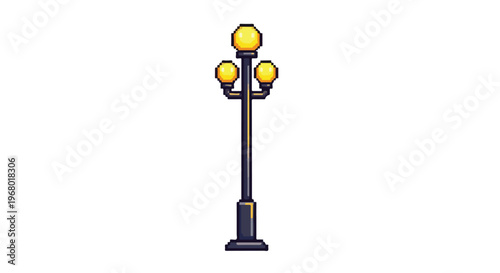 A pixel art illustration of a tall street lamp featuring three glowing yellow globes atop a dark grey post, isolated on a white background.