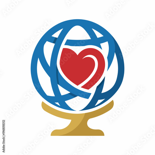 A vibrant globe design with intertwined lines enclosing a heart, symbolizing global unity and love, showcasing the interconnectedness of humanity across the world.