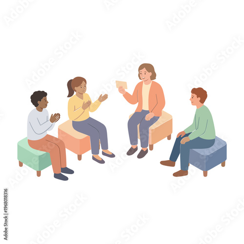 Four people sitting on stools talking and laughing together indoors
