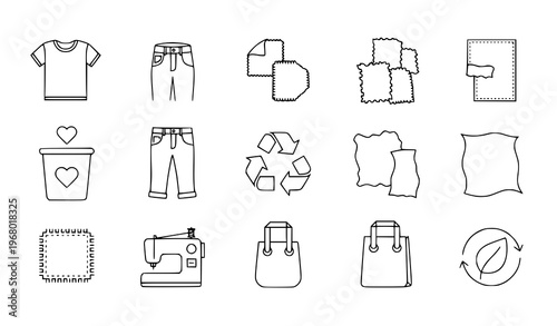 Textile Waste Recycling Icons Set – Reusable Fabric Sustainability Vector Collection