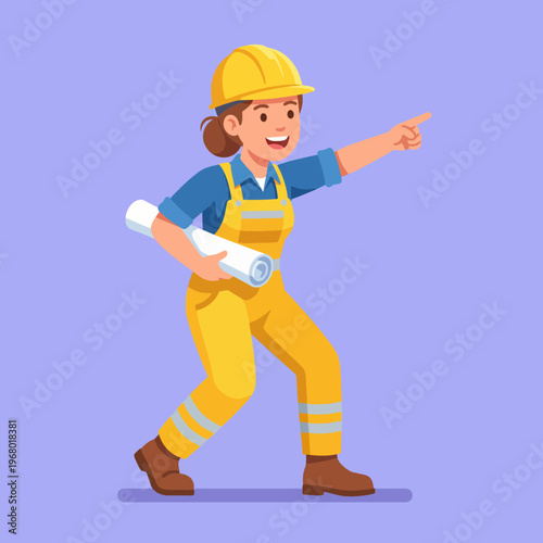 This image features a cheerful female construction worker in a yellow hard hat and overalls, confidently pointing while holding blueprints, showcasing enthusiasm and teamwork.
