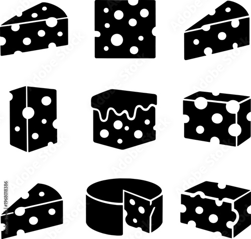 black and white cheese wedge icons set illustration