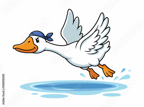 A cartoon-style duck wearing a blue bandana joyfully flies above a pool of water, capturing the essence of adventure and the carefree spirit of summer days outdoors.
