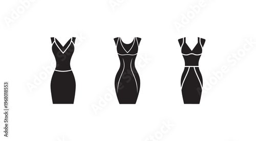 Three black and white silhouette dresses with different necklines and sleeve styles  female fashion icons