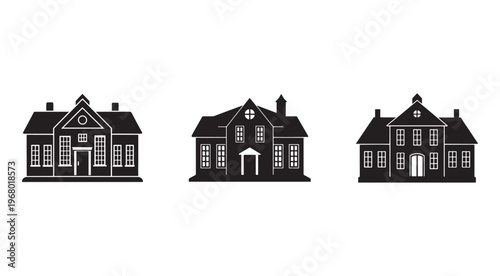 Three black and white silhouette house icons with different architectural styles and multiple windows  isolated on white background
