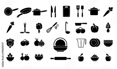 Kitchen utensils and fresh produce silhouette vector set with organized cooking tools and food icons collection