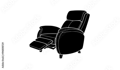 Modern recliner chair silhouette with extended footrest minimalist furniture vector on white background