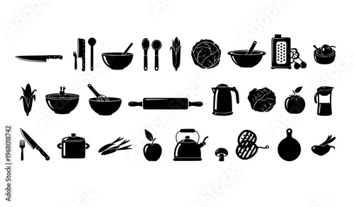 Cooking utensils and fresh food silhouette vector row with kitchen tools and ingredient icons set