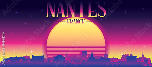 Purple generic retro futuristic synthwave panoramic poster of the city skyline with misty background sunset buildings of NANTES, FRANCE