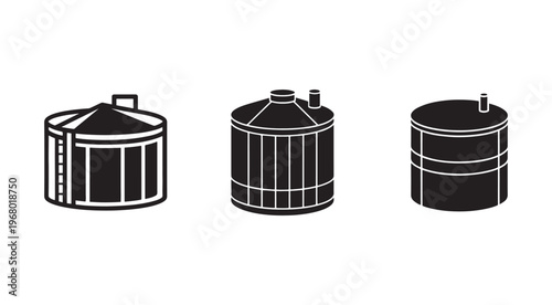 Three black and white silos or industrial tanks with different shapes and sizes for industry or agriculture uses  industrial  storage