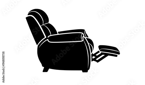 Side view recliner chair silhouette with extended footrest comfortable lounge furniture vector icon
