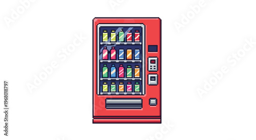 This is a pixel art style vector illustration of a red vending machine filled with various colorful beverage bottles and cans on a white background.