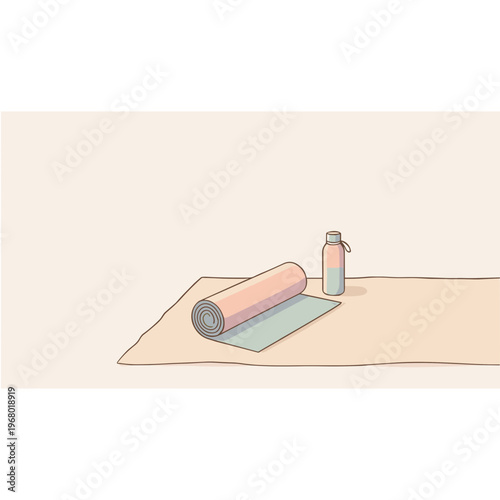 Yoga mat and bottle on a beige floor with rolled up exercise mat