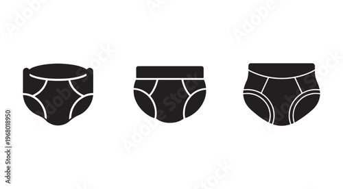 Three black briefs with white lines on plain white background for fashion design or clothing icons
