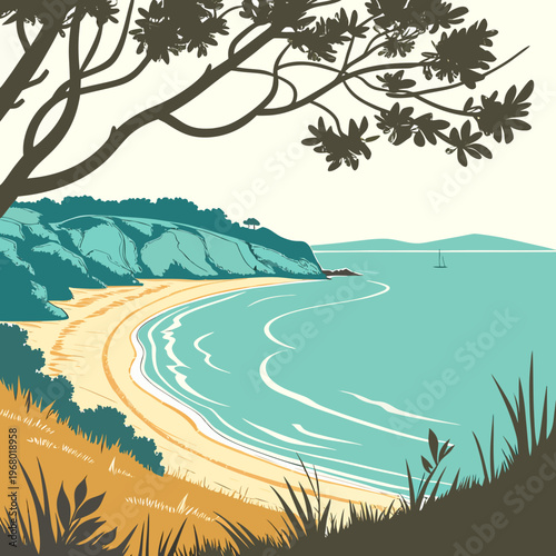 A serene coastal landscape depicts a gently curving sandy beach meeting teal waters under a clear sky high quality professional