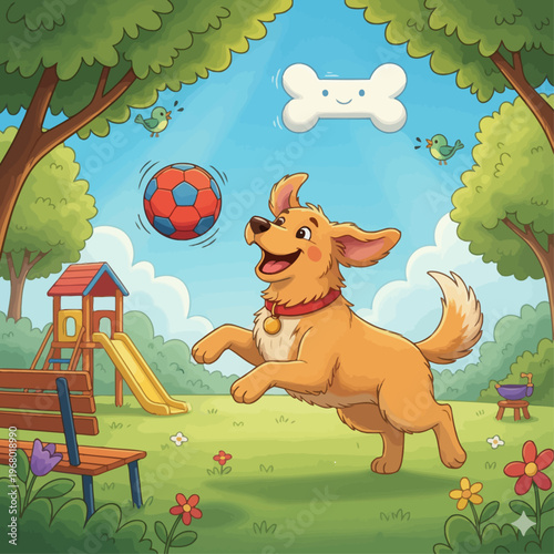 A cheerful golden retriever dog enthusiastically plays fetch with a colorful ball in a vibrant, sunny park, enjoying a day of playful outdoor activity and fun