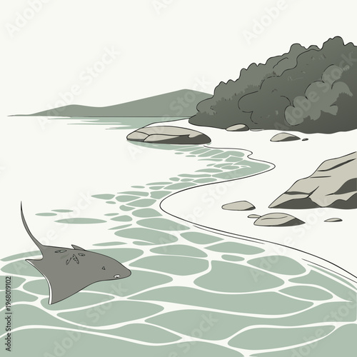 A stylized illustration depicts a grey stingray swimming in shallow turquoise water near a rocky shoreline and lush greenery