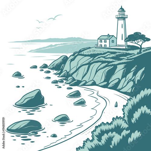 A serene coastal illustration depicts a tall white lighthouse overlooking a rocky shoreline and distant hazy landmass high quality professional