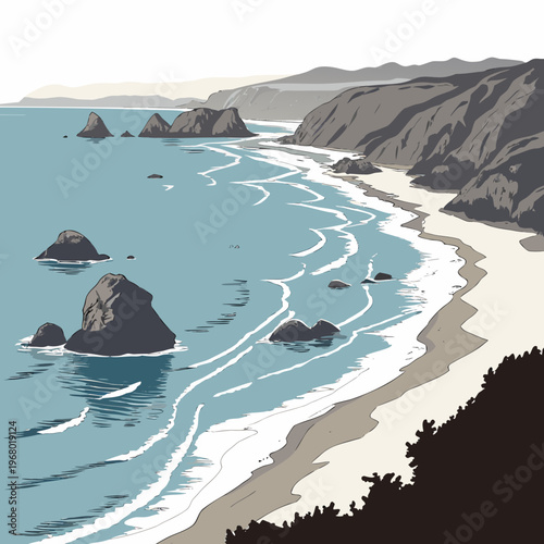 A serene coastal landscape depicts rocky formations emerging from a blue ocean with waves gently lapping against a sandy shore