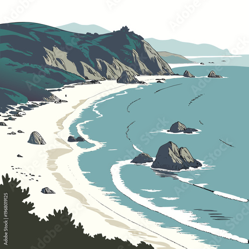 A serene coastal landscape depicts a sandy beach rocky outcrops and rolling green hills meeting the calm blue ocean