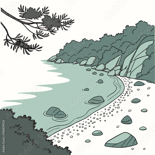 A minimalist illustration depicts a tranquil coastal scene with gentle waves rocky shores and lush green foliage high quality professional